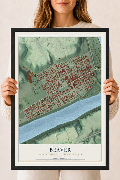 Map of Beaver, Beaver County, Pennsylvania, 18 x 24 inch print in a black wood frame