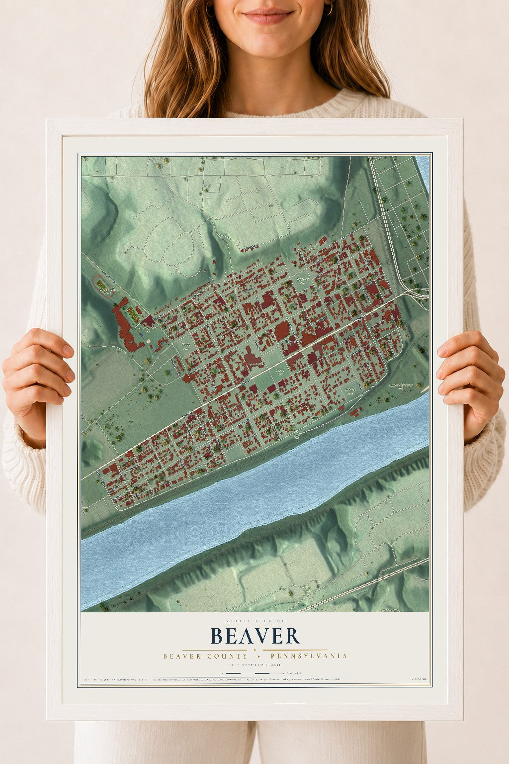 Map of Beaver, Beaver County, Pennsylvania, 18 x 24 inch print in a white wood frame