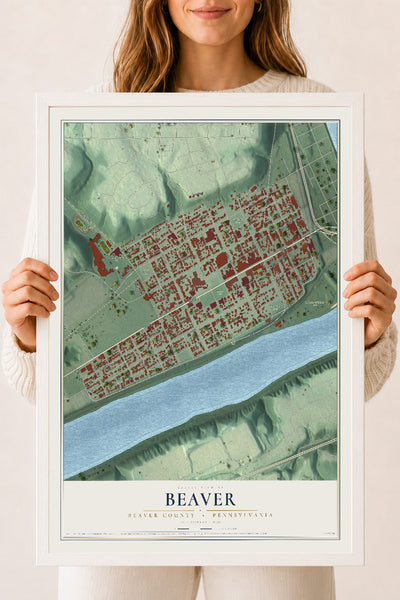 Map of Beaver, Beaver County, Pennsylvania, 18 x 24 inch print in a white wood frame