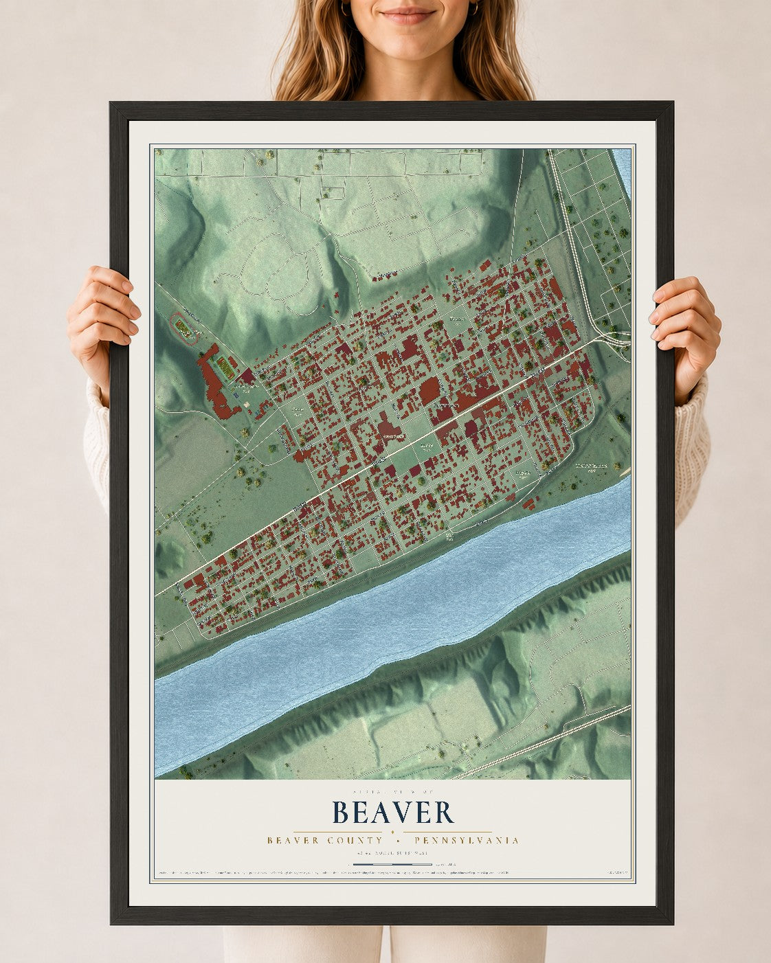 Map of Beaver, Beaver County, Pennsylvania, 24 x 36 inch print in a black wood frame