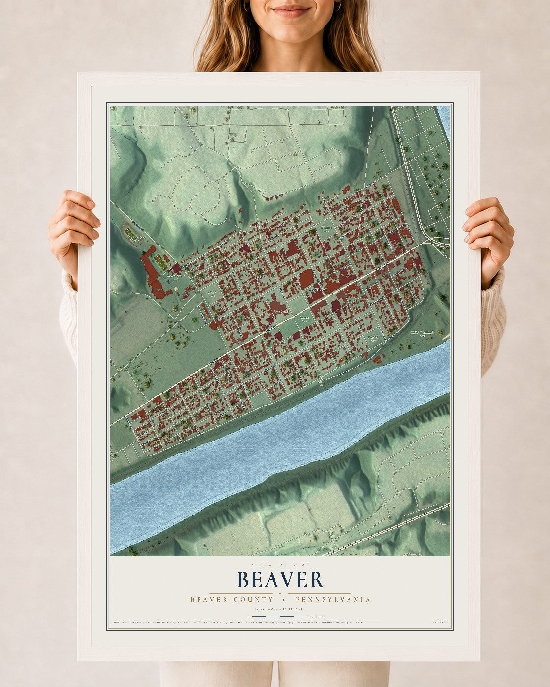 Map of Beaver, Beaver County, Pennsylvania, 24 x 36 inch print in a white wood frame