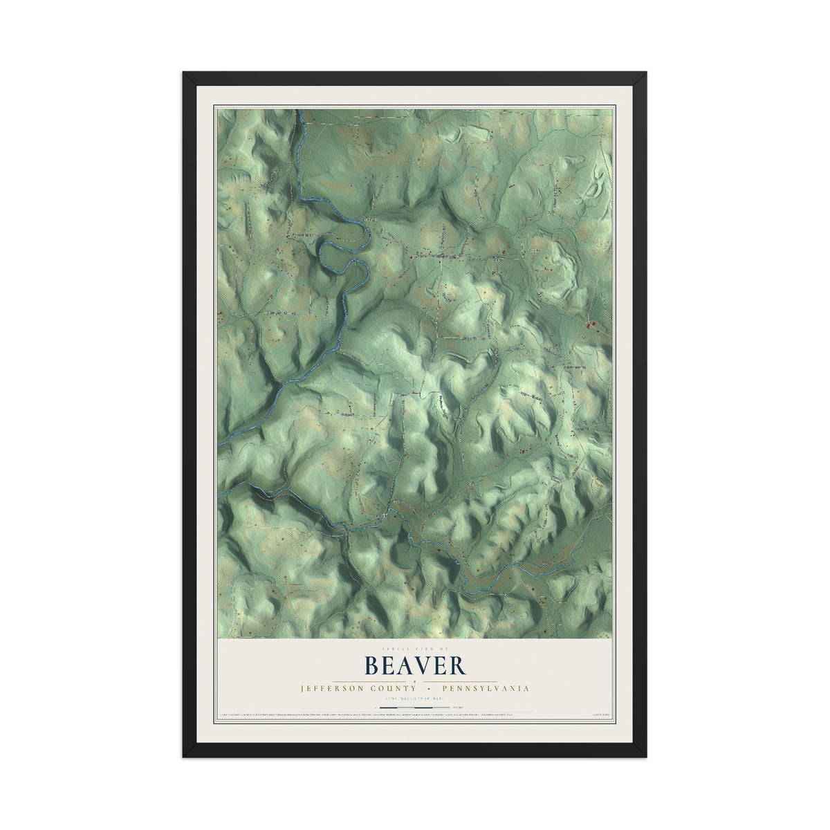 Map of Beaver, Jefferson County, Pennsylvania, 12 x 18 inch print in a black wood frame