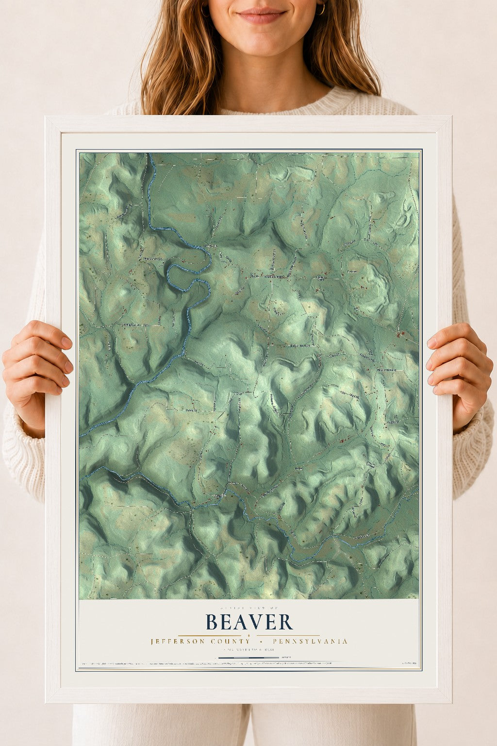 Map of Beaver, Jefferson County, Pennsylvania, 18 x 24 inch print in a white wood frame