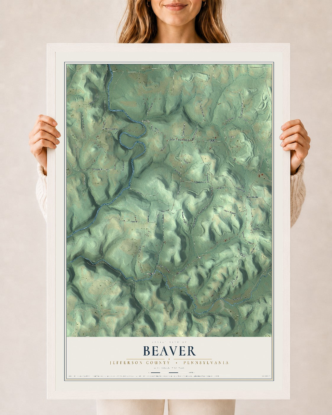 Map of Beaver, Jefferson County, Pennsylvania, 24 x 36 inch print in a white wood frame