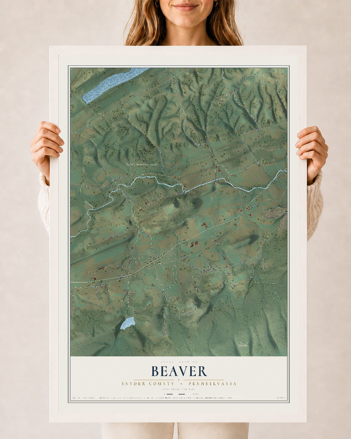 Map of Beaver, Snyder County, Pennsylvania, 24 x 36 inch print in a white wood frame