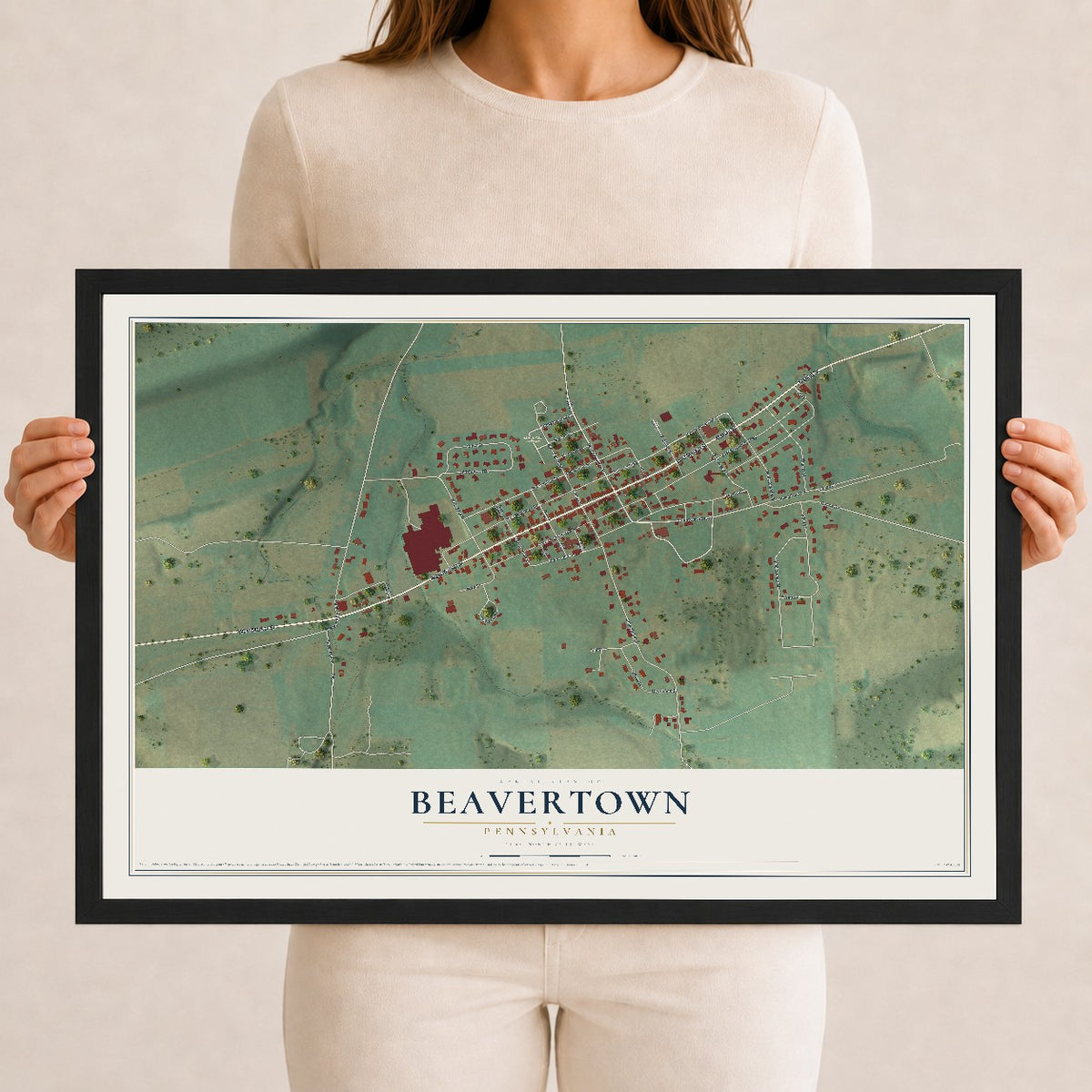 Map of Beavertown, Pennsylvania, 12 x 18 inch print in a black wood frame