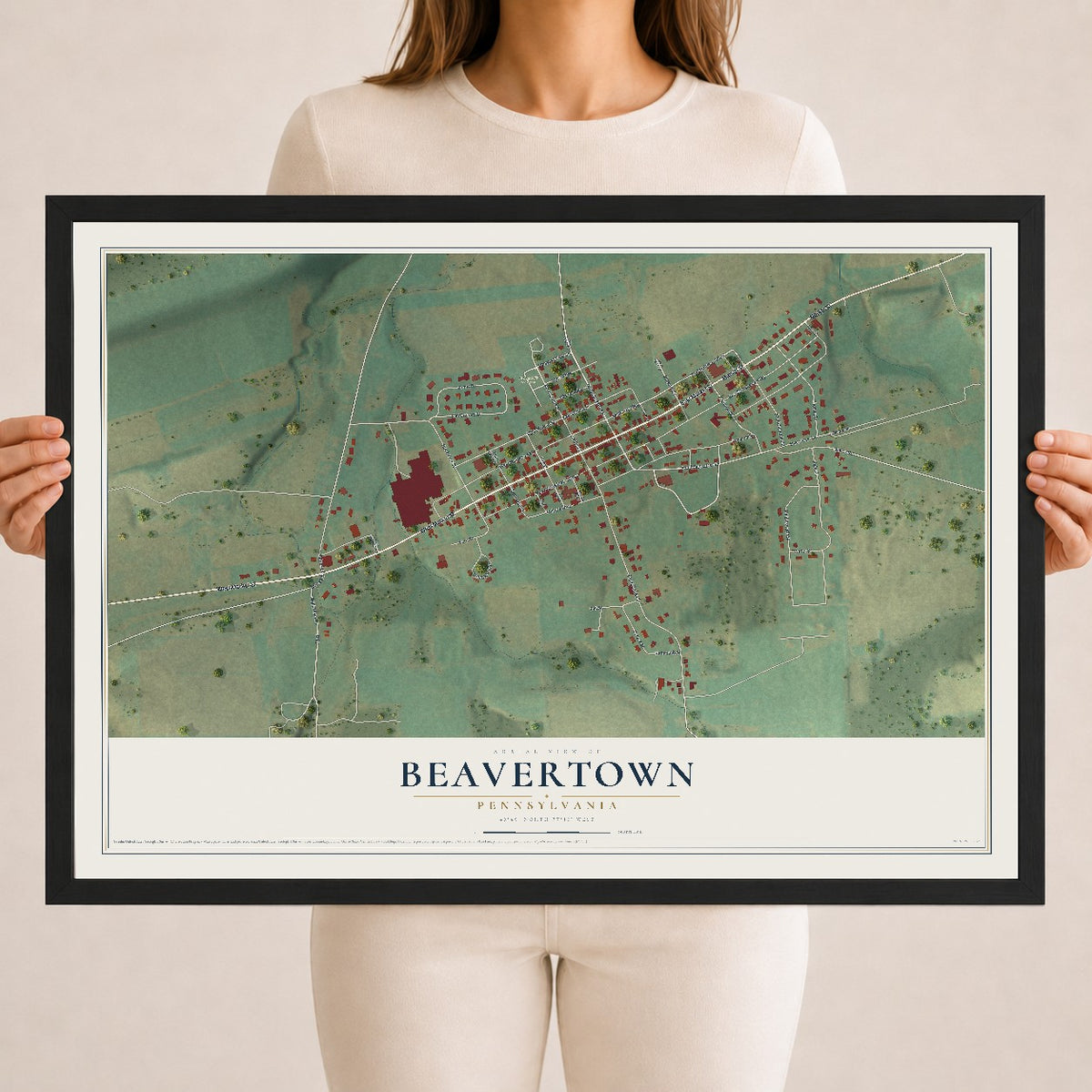 Map of Beavertown, Pennsylvania, 18 x 24 inch print in a black wood frame