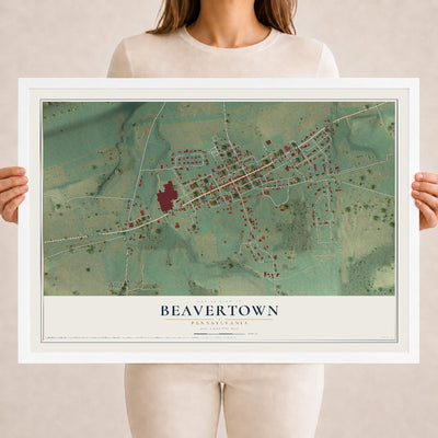 Map of Beavertown, Pennsylvania, 18 x 24 inch print in a white wood frame
