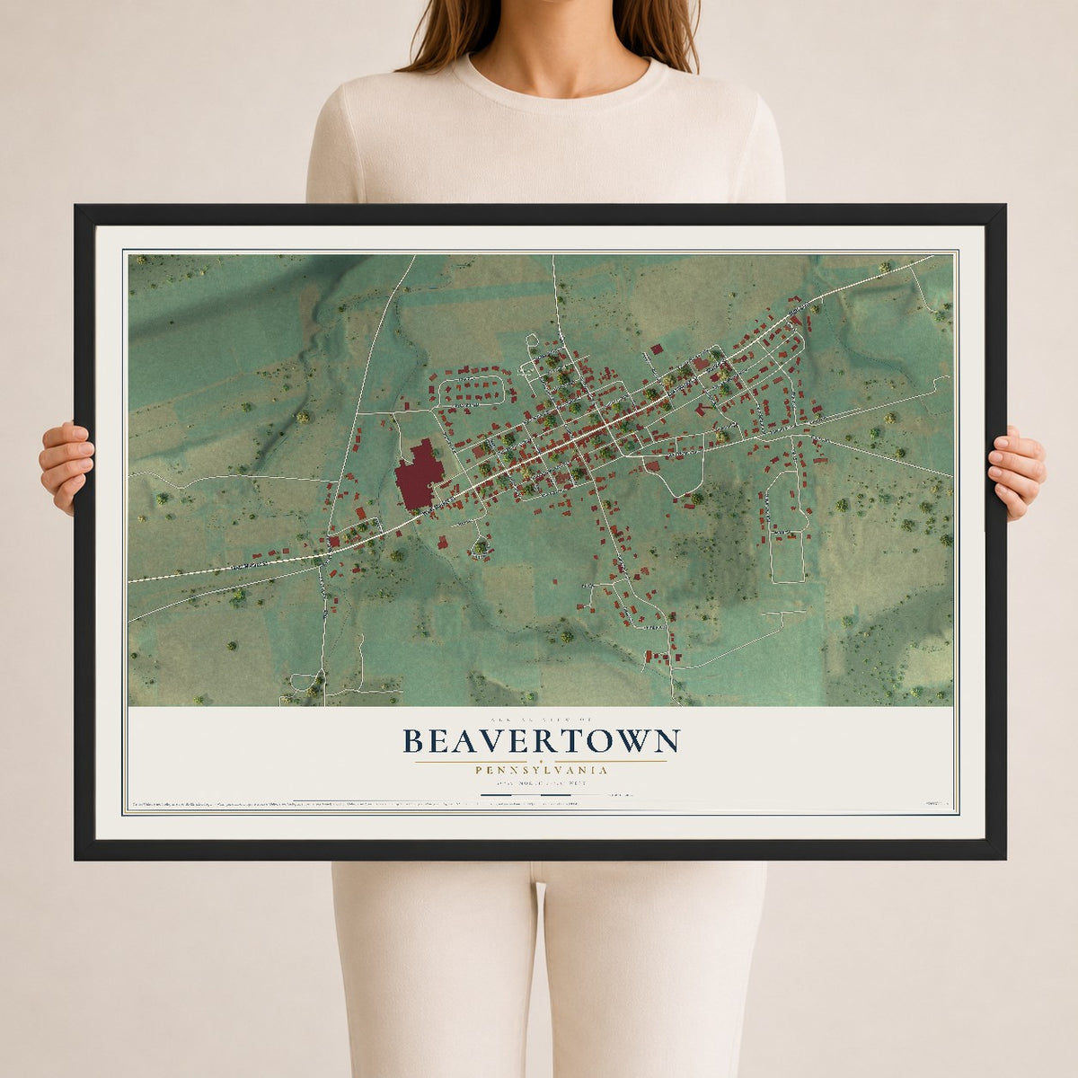 Map of Beavertown, Pennsylvania, 24 x 36 inch print in a black wood frame