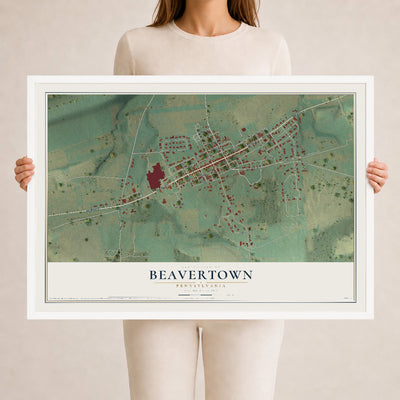 Map of Beavertown, Pennsylvania, 24 x 36 inch print in a white wood frame