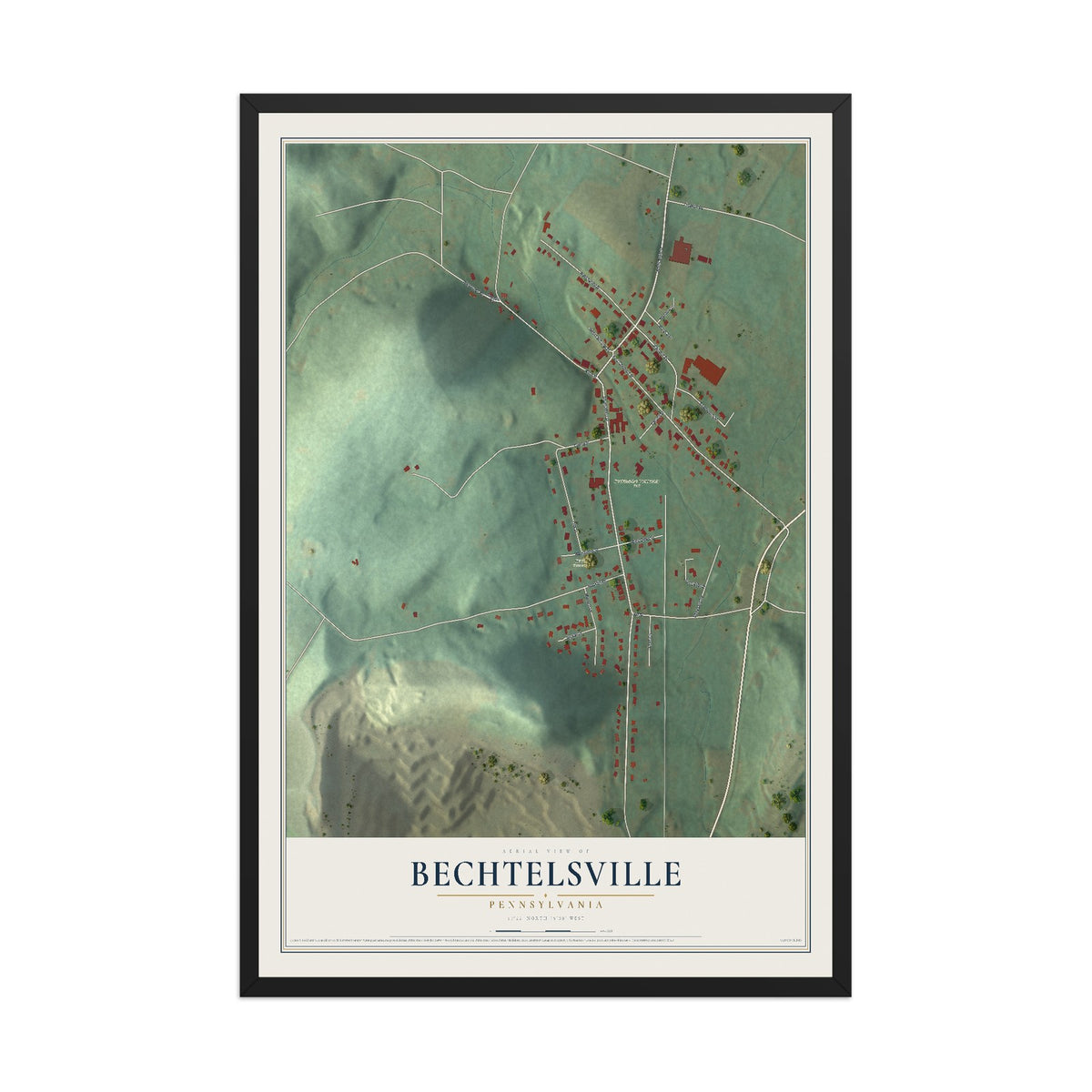 Map of Bechtelsville, Pennsylvania, 12 x 18 inch print in a black wood frame