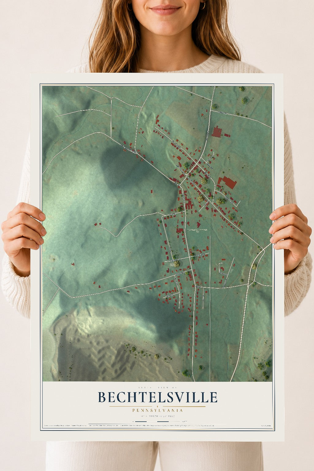 Map of Bechtelsville, Pennsylvania, 18 x 24 inch unframed archival matte print