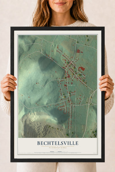 Map of Bechtelsville, Pennsylvania, 18 x 24 inch print in a black wood frame