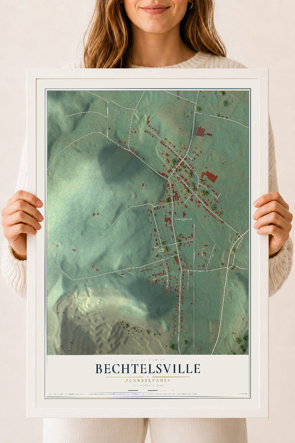 Map of Bechtelsville, Pennsylvania, 18 x 24 inch print in a white wood frame