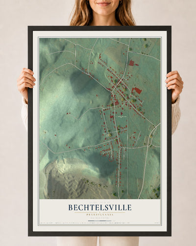 Map of Bechtelsville, Pennsylvania, 24 x 36 inch print in a black wood frame