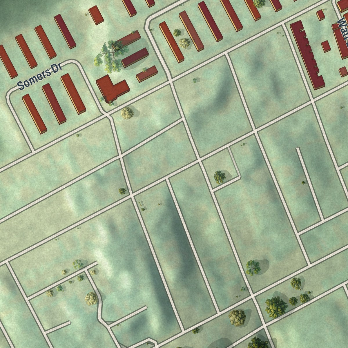 Close-up of the map of Bedford Dwellings, Pennsylvania print showing street and building detail