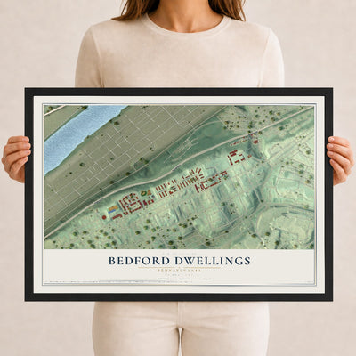 Map of Bedford Dwellings, Pennsylvania, 12 x 18 inch print in a black wood frame