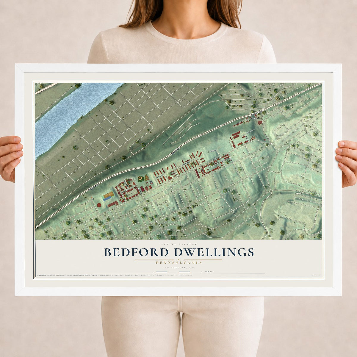 Map of Bedford Dwellings, Pennsylvania, 18 x 24 inch print in a white wood frame