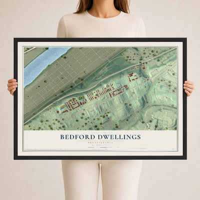 Map of Bedford Dwellings, Pennsylvania, 24 x 36 inch print in a black wood frame