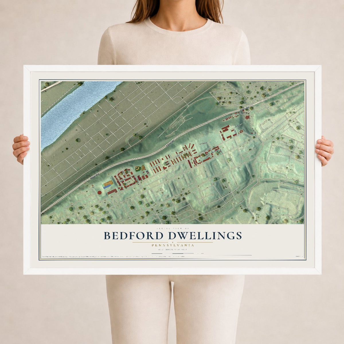Map of Bedford Dwellings, Pennsylvania, 24 x 36 inch print in a white wood frame