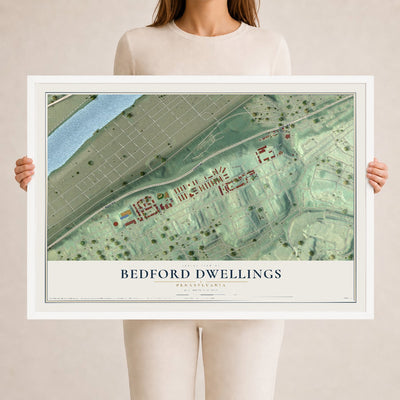 Map of Bedford Dwellings, Pennsylvania, 24 x 36 inch print in a white wood frame