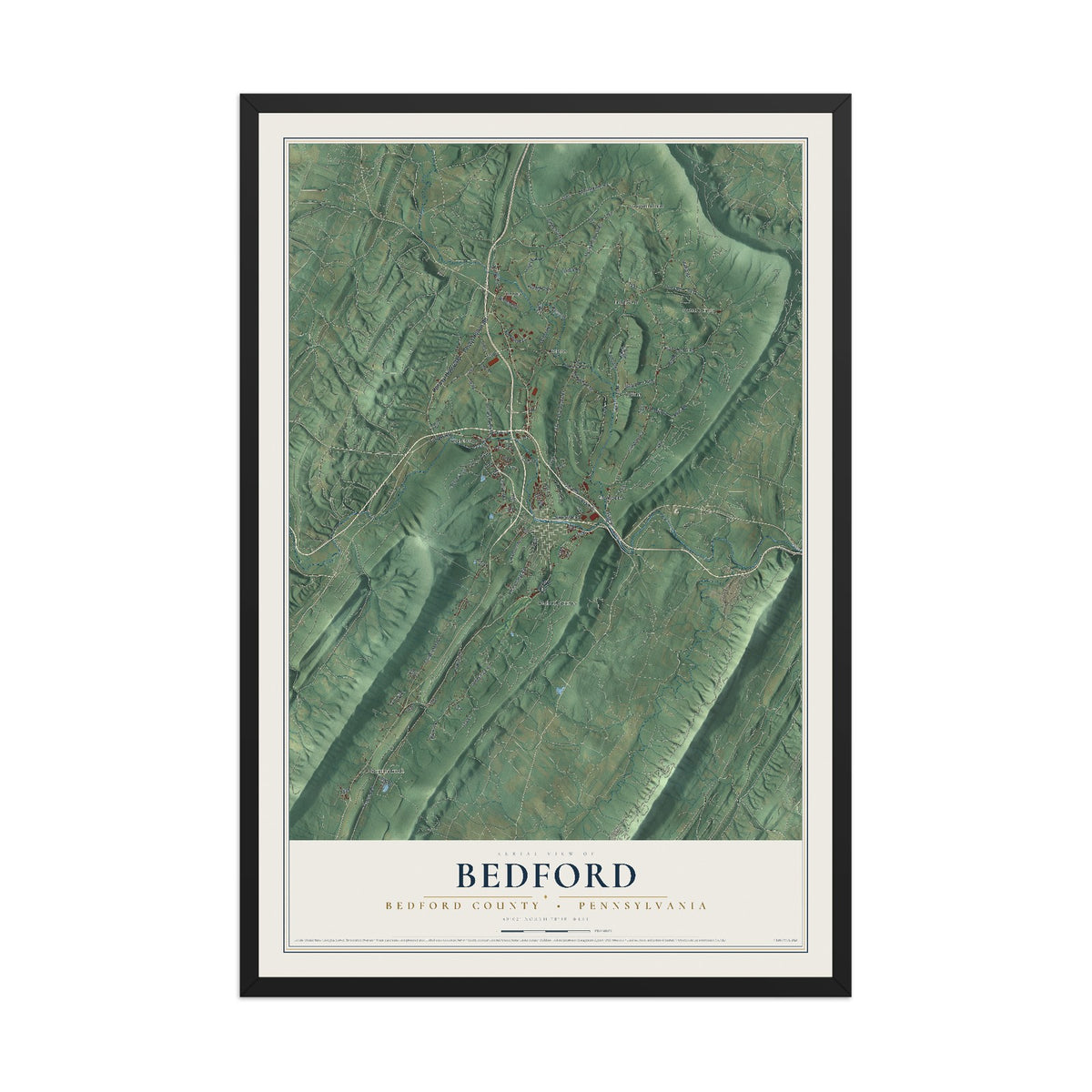Map of Bedford, Bedford County, Pennsylvania, 12 x 18 inch print in a black wood frame