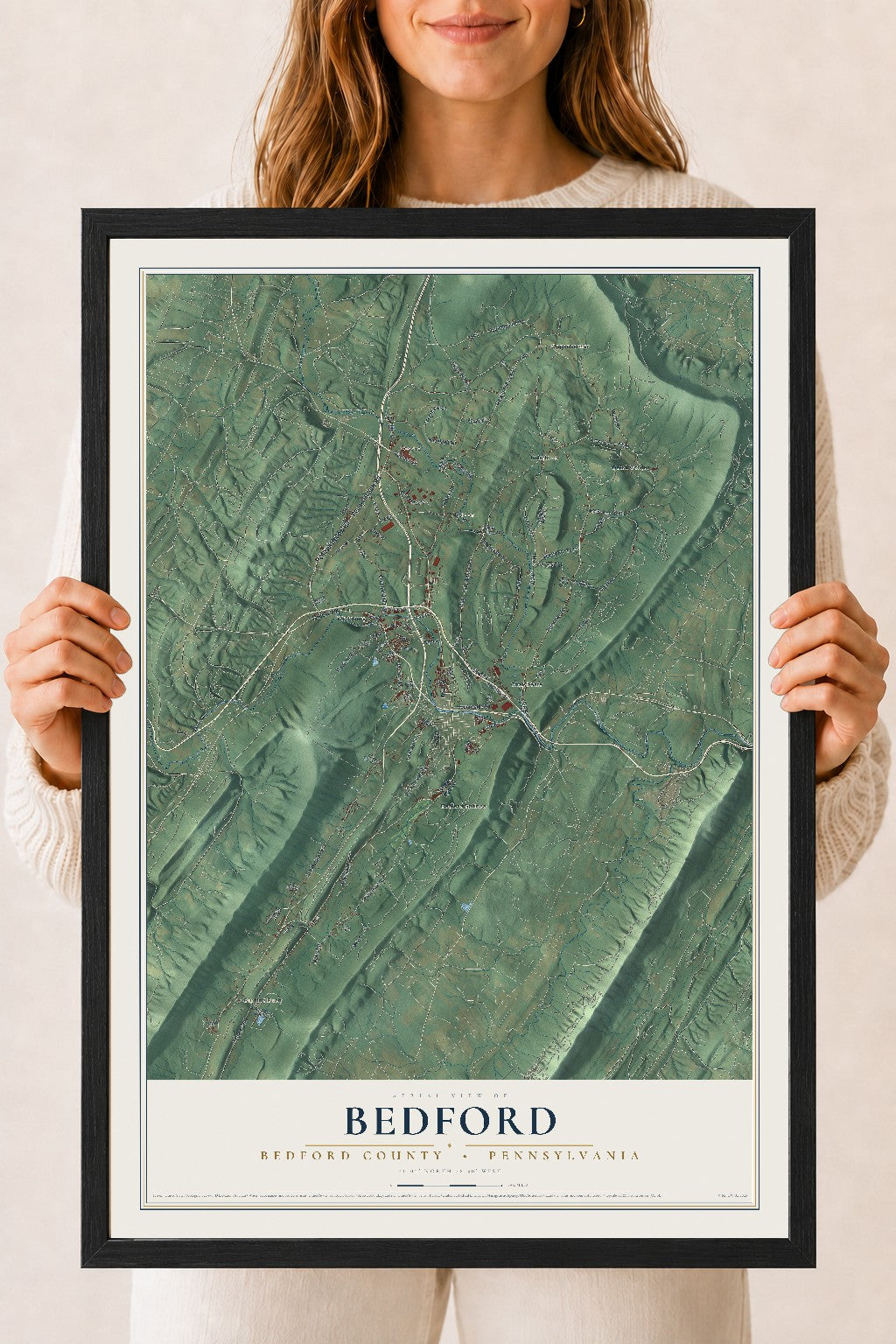 Map of Bedford, Bedford County, Pennsylvania, 18 x 24 inch print in a black wood frame