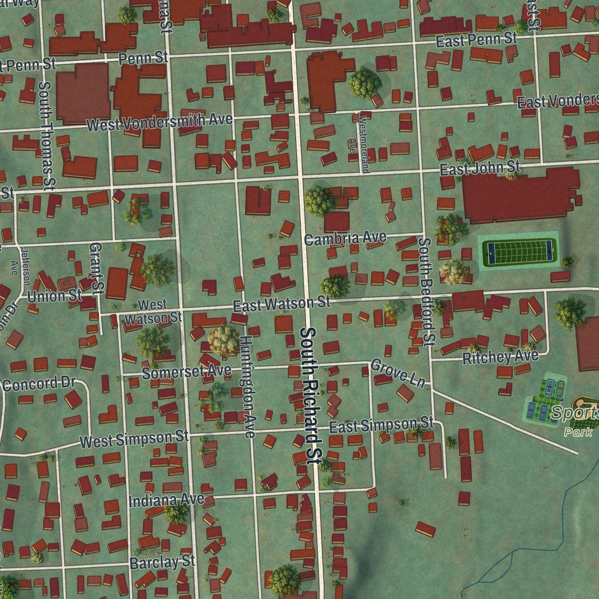 Close-up of the map of the Borough of Bedford, Bedford County, Pennsylvania print showing street and building detail