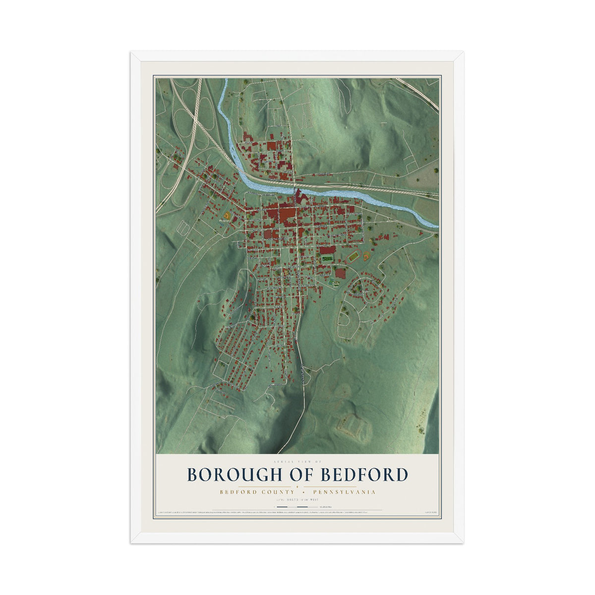 Map of the Borough of Bedford, Bedford County, Pennsylvania, 12 x 18 inch print in a white wood frame