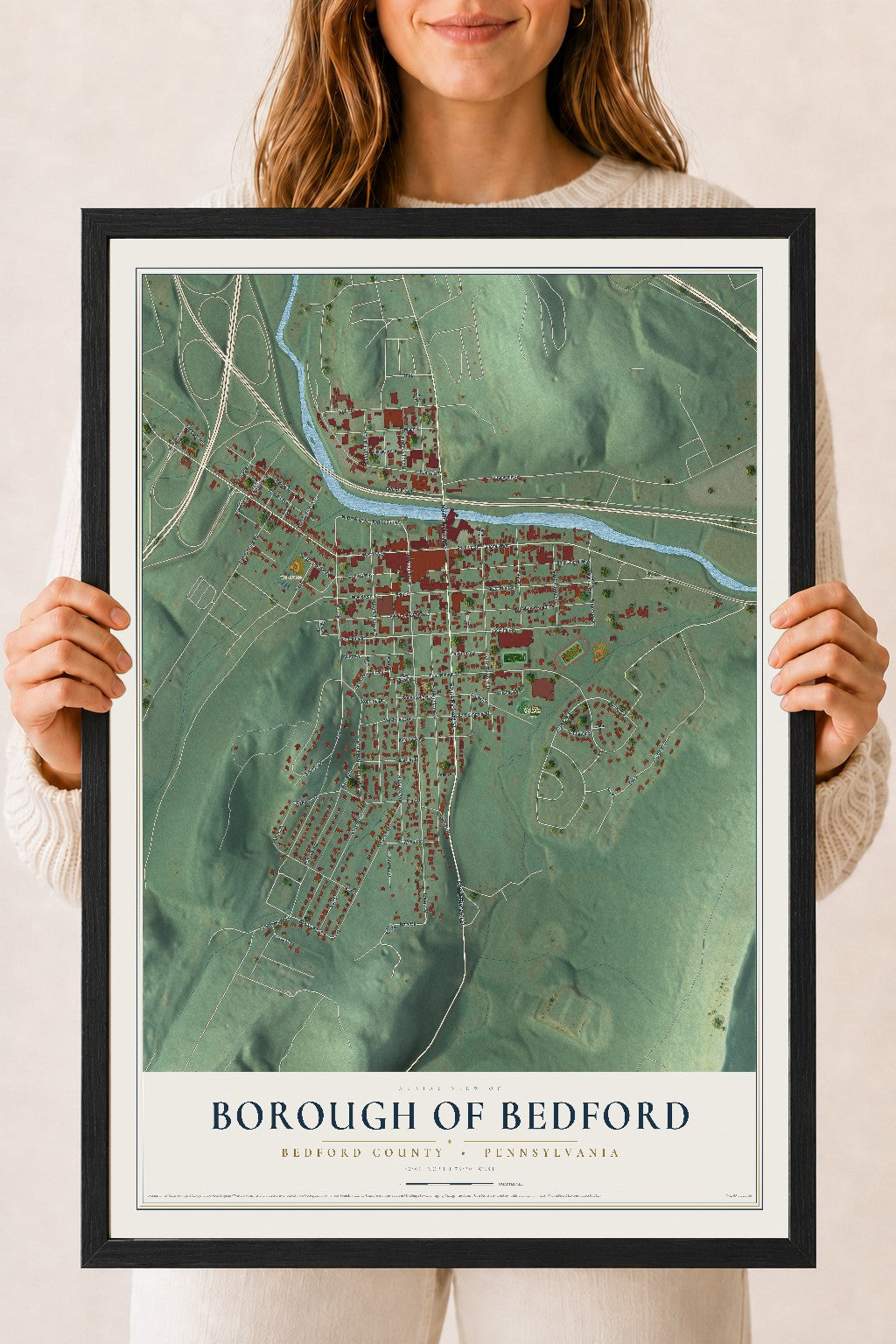 Map of the Borough of Bedford, Bedford County, Pennsylvania, 18 x 24 inch print in a black wood frame