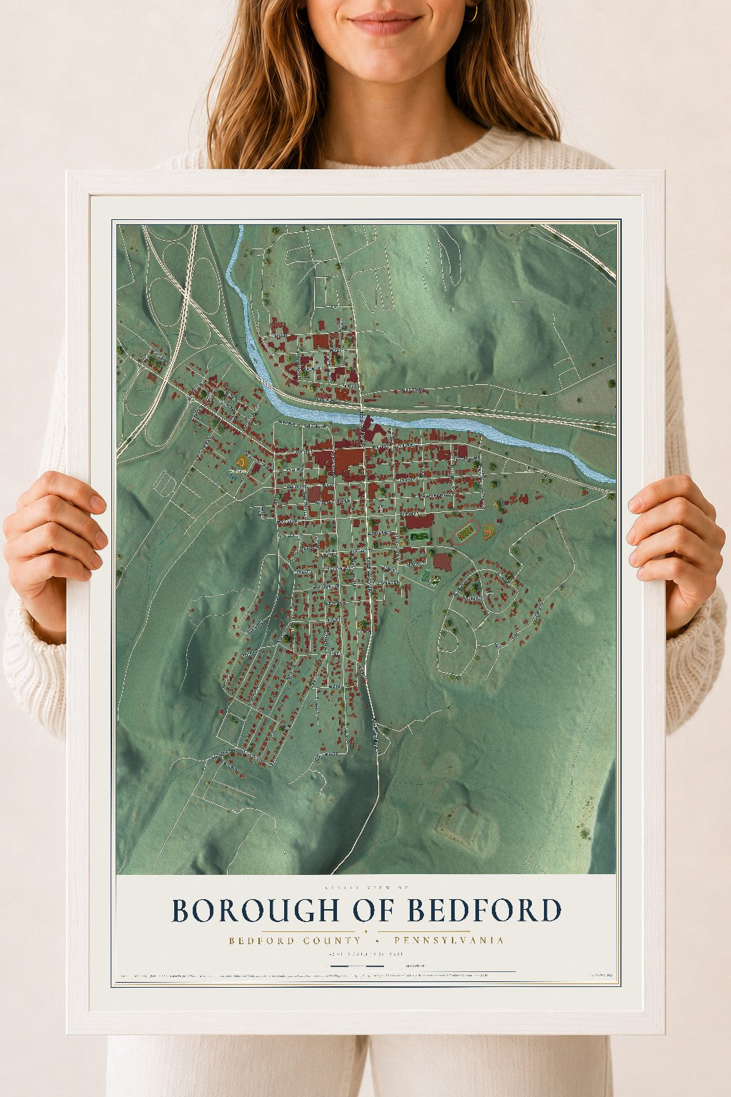 Map of the Borough of Bedford, Bedford County, Pennsylvania, 18 x 24 inch print in a white wood frame