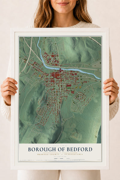 Map of the Borough of Bedford, Bedford County, Pennsylvania, 18 x 24 inch print in a white wood frame