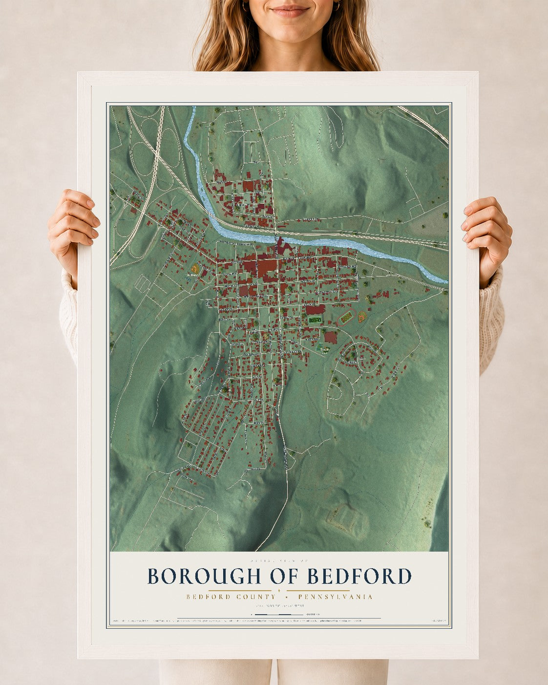 Map of the Borough of Bedford, Bedford County, Pennsylvania, 24 x 36 inch print in a white wood frame
