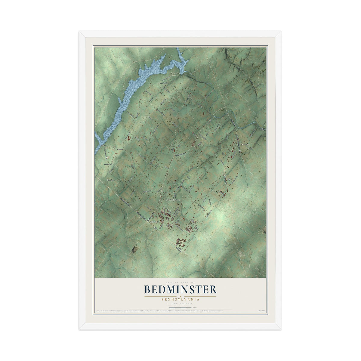 Map of Bedminster, Pennsylvania, 12 x 18 inch print in a white wood frame
