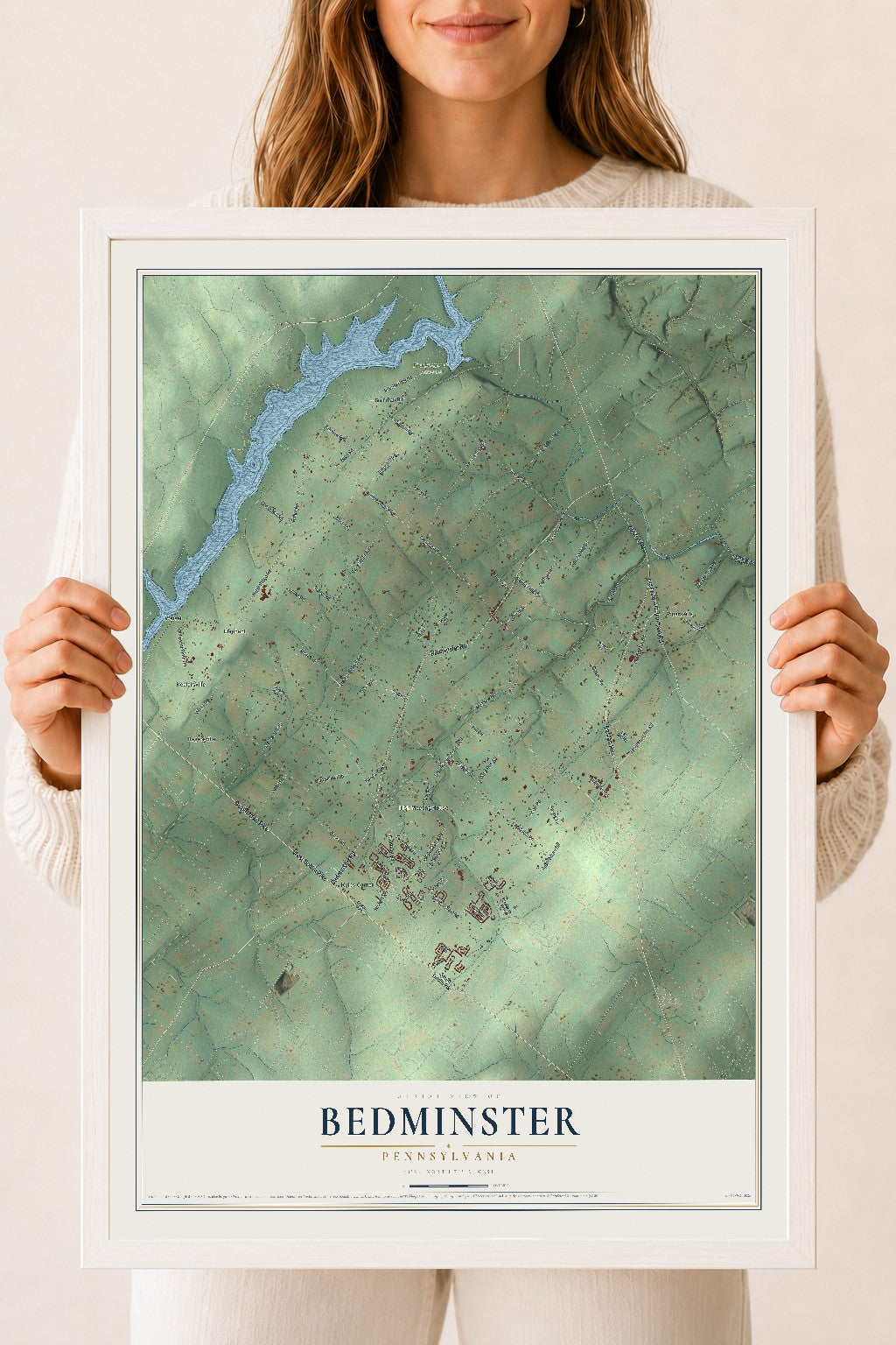 Map of Bedminster, Pennsylvania, 18 x 24 inch print in a white wood frame