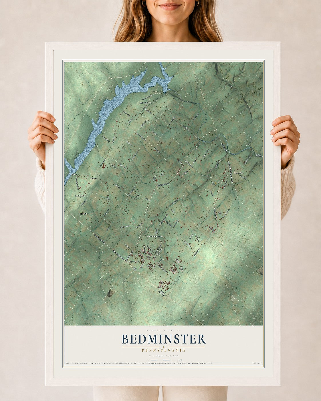 Map of Bedminster, Pennsylvania, 24 x 36 inch print in a white wood frame