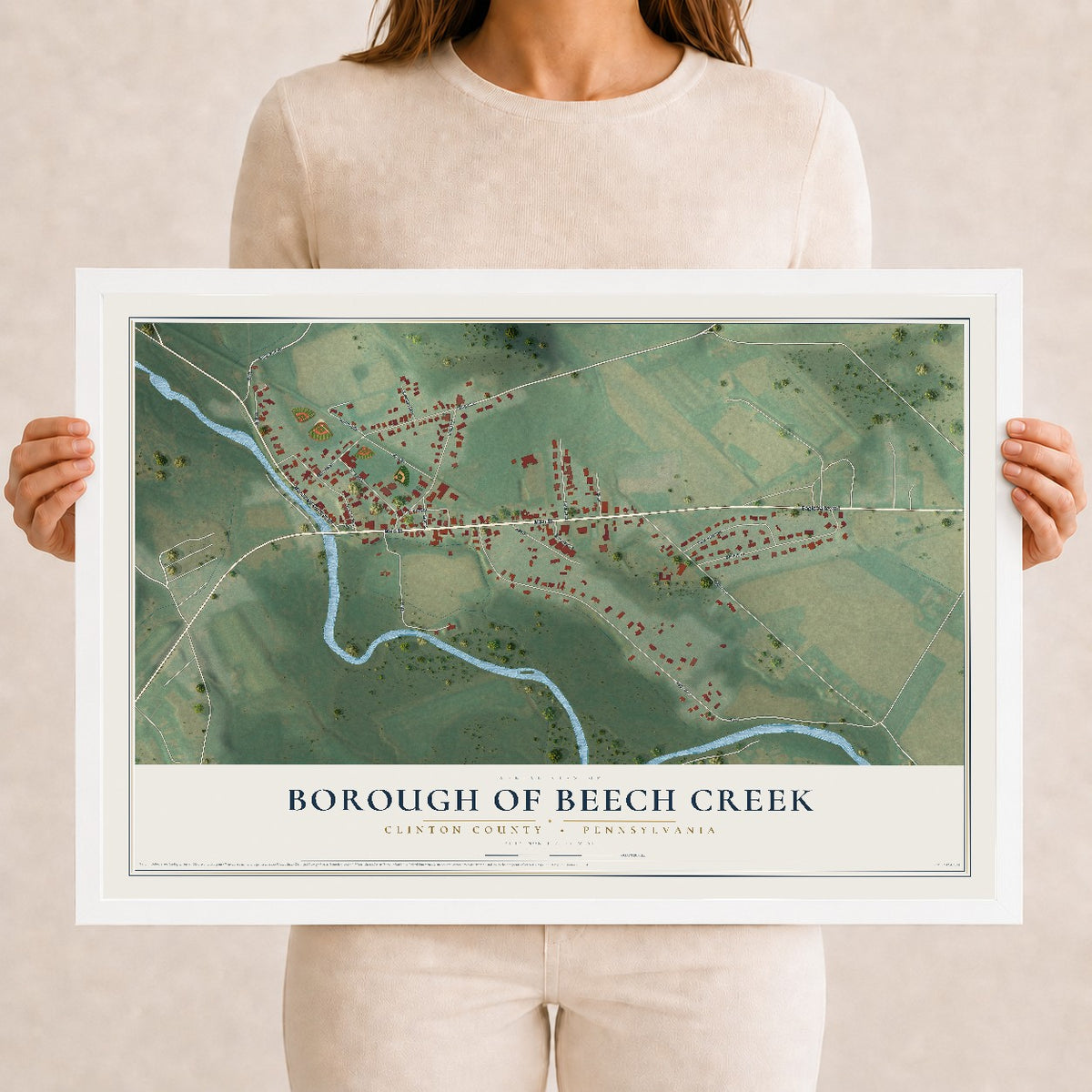 Map of the Borough of Beech Creek, Clinton County, Pennsylvania, 12 x 18 inch print in a white wood frame