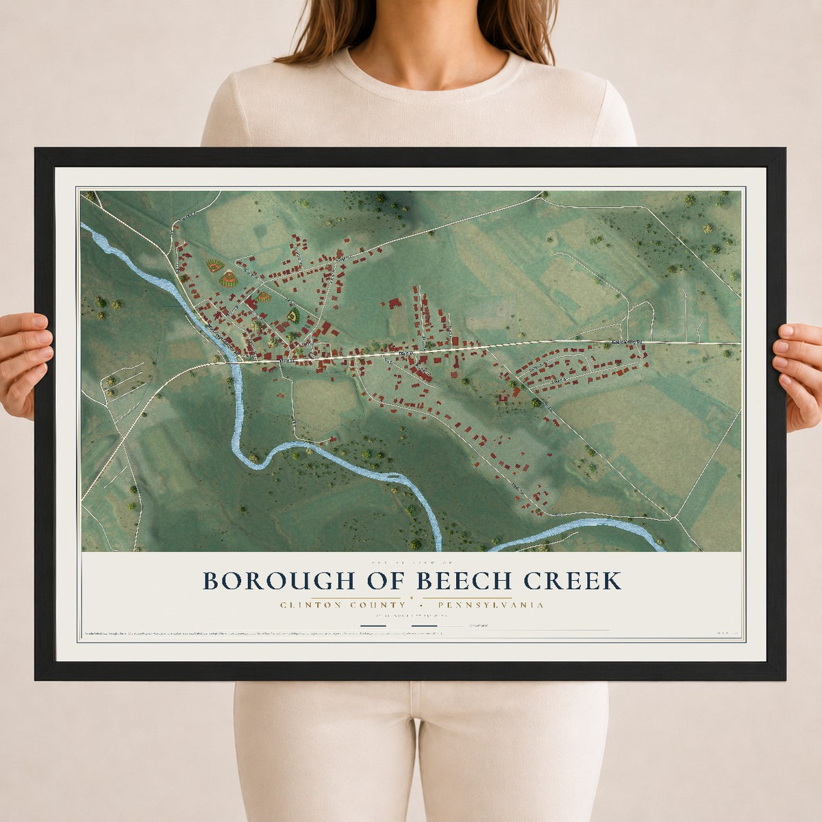 Map of the Borough of Beech Creek, Clinton County, Pennsylvania, 18 x 24 inch print in a black wood frame