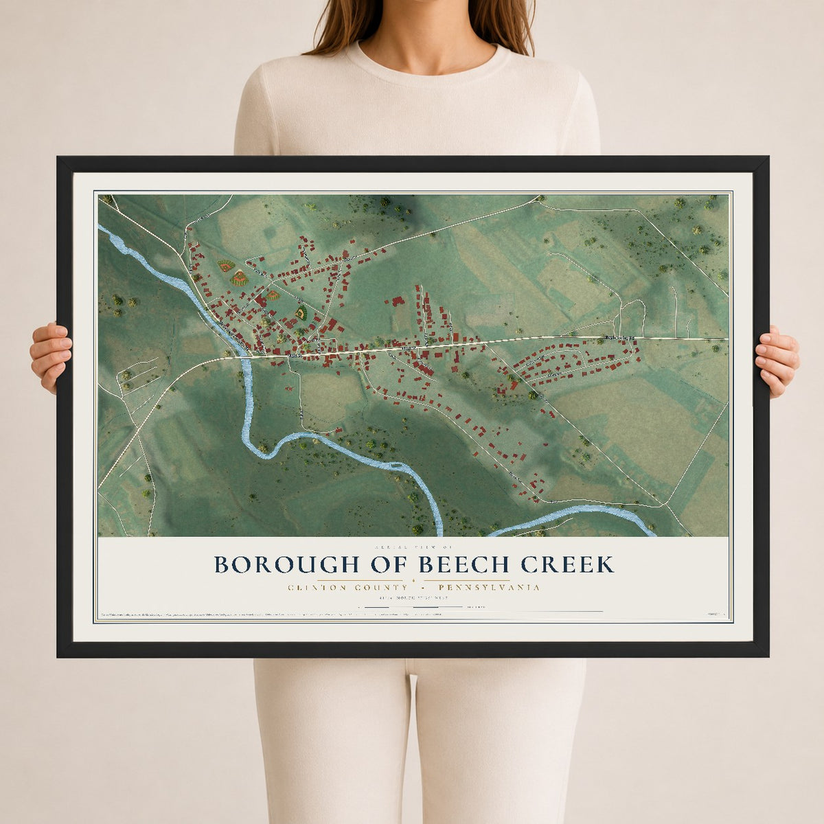 Map of the Borough of Beech Creek, Clinton County, Pennsylvania, 24 x 36 inch print in a black wood frame