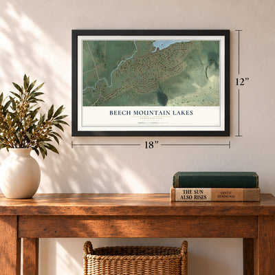 Beech Mountain Lakes, Pennsylvania map, 12 x 18 inch print in a black frame in an entryway