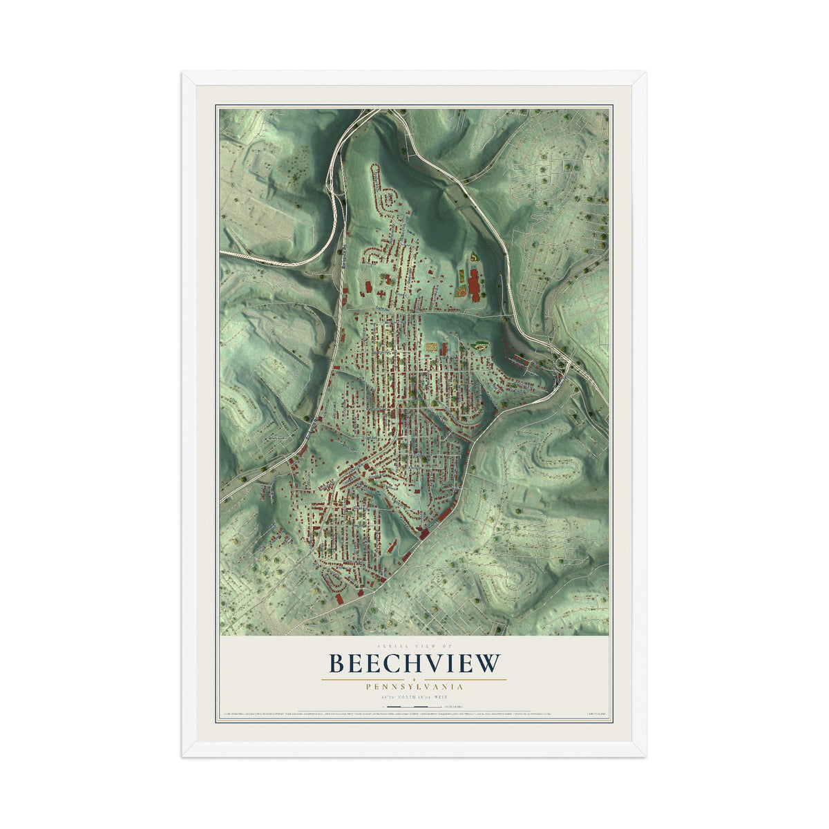 Map of Beechview, Pennsylvania, 12 x 18 inch print in a white wood frame