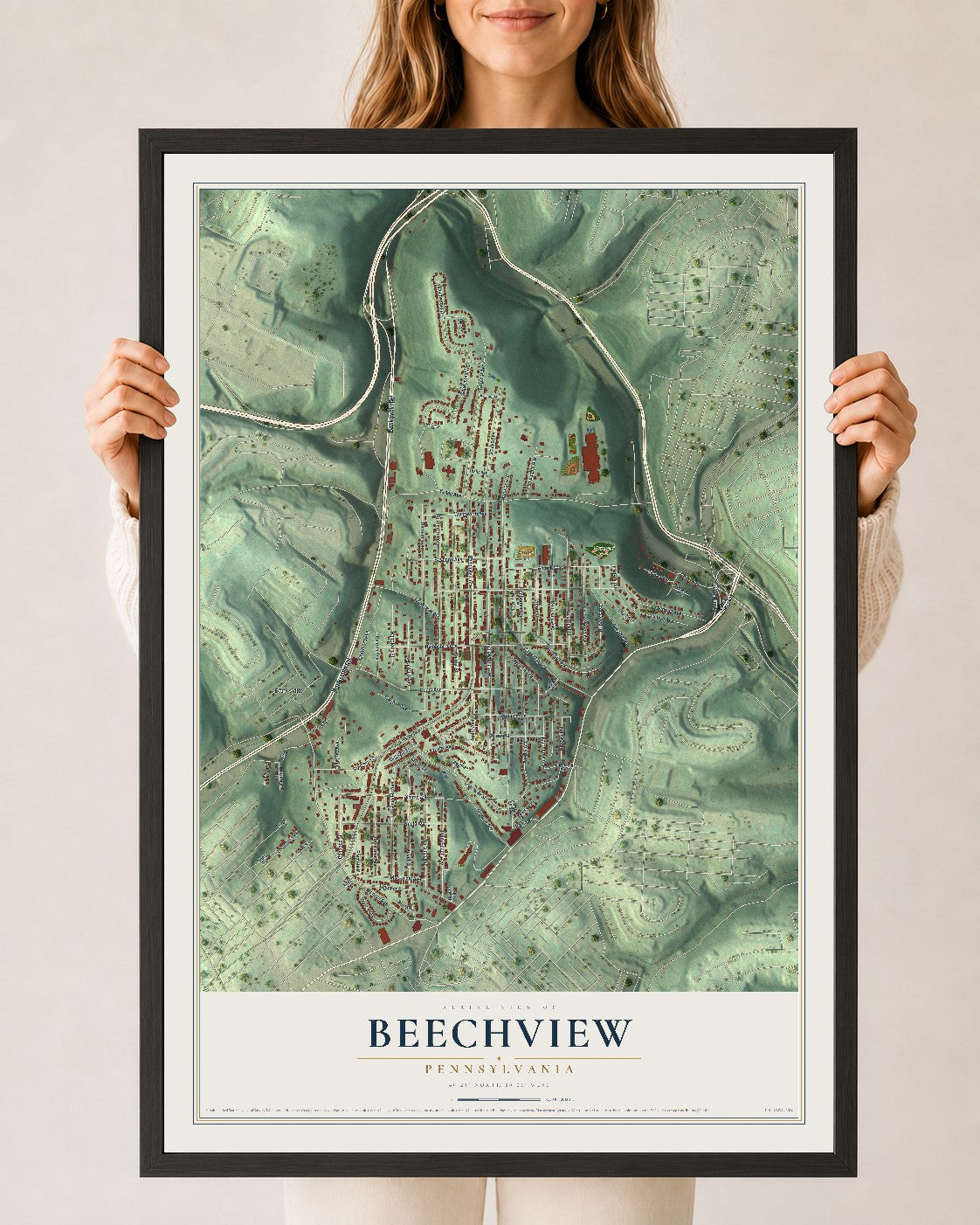 Map of Beechview, Pennsylvania, 24 x 36 inch print in a black wood frame