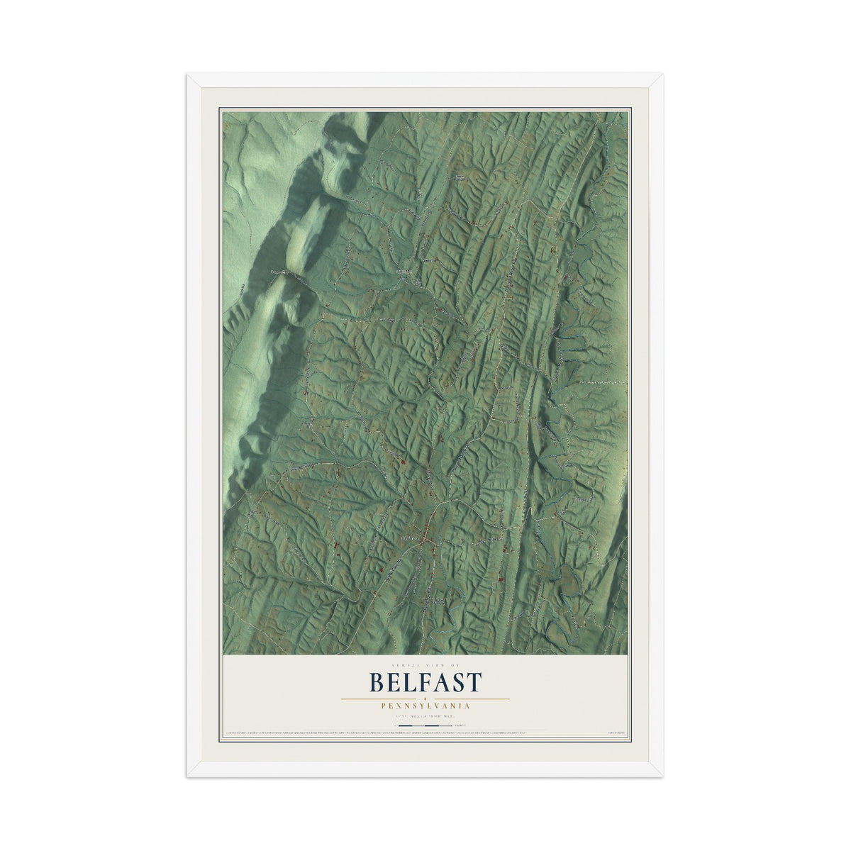 Map of Belfast, Pennsylvania, 12 x 18 inch print in a white wood frame