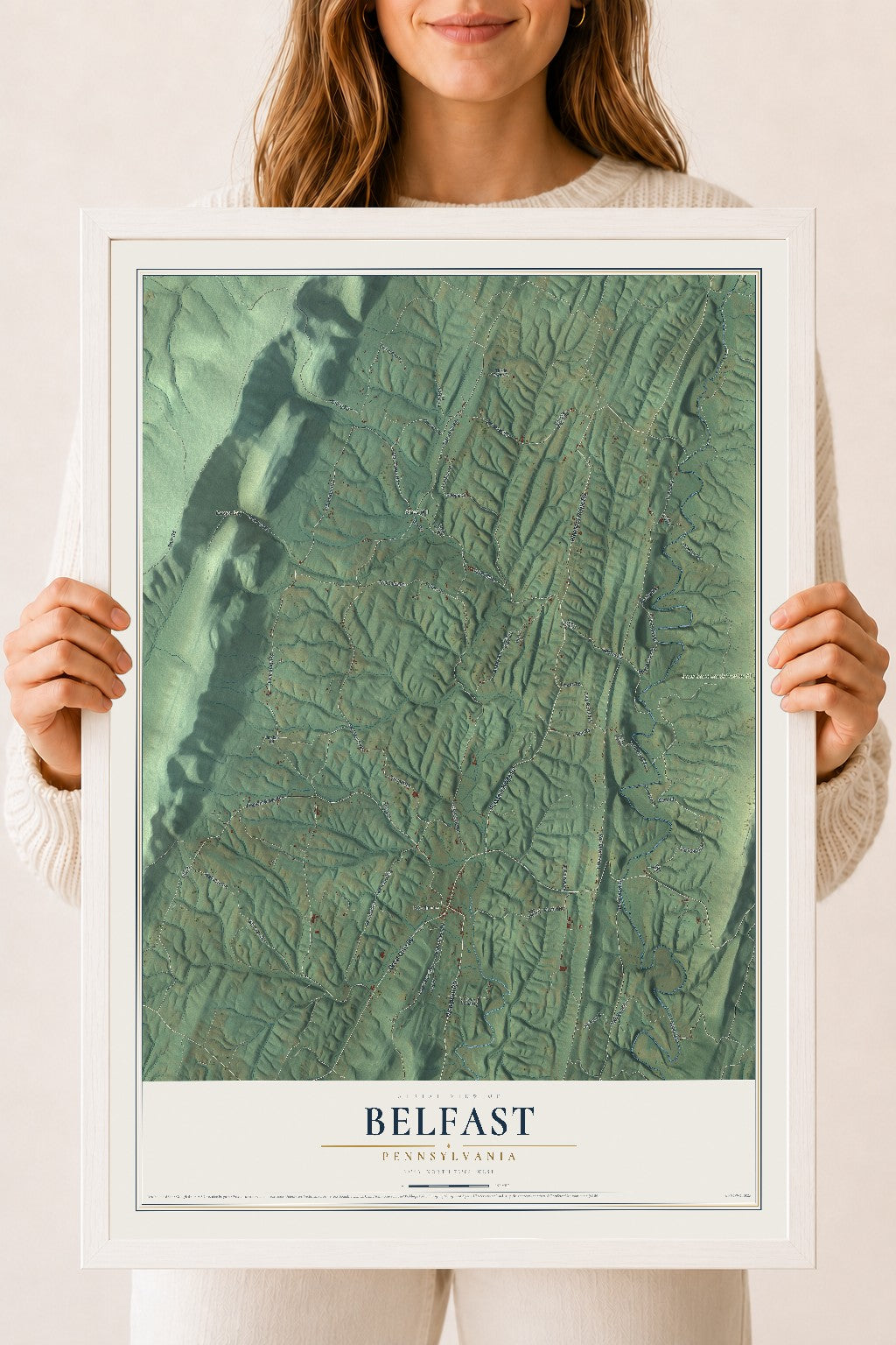 Map of Belfast, Pennsylvania, 18 x 24 inch print in a white wood frame