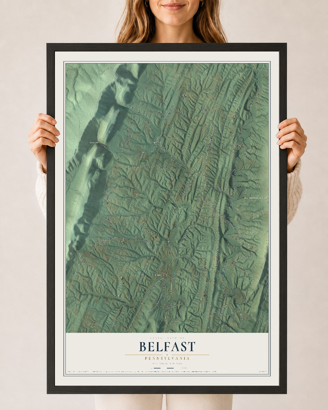 Map of Belfast, Pennsylvania, 24 x 36 inch print in a black wood frame
