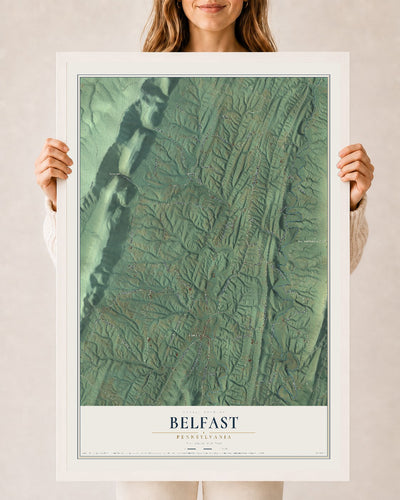 Map of Belfast, Pennsylvania, 24 x 36 inch print in a white wood frame