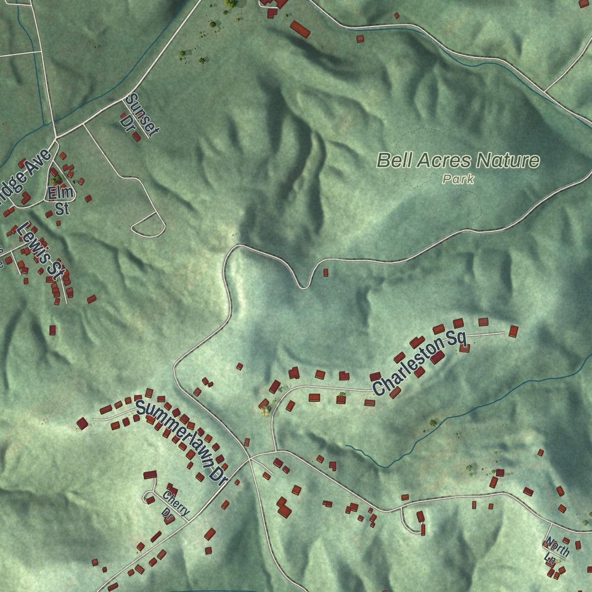 Close-up of the map of Bell Acres, Pennsylvania print showing street and building detail