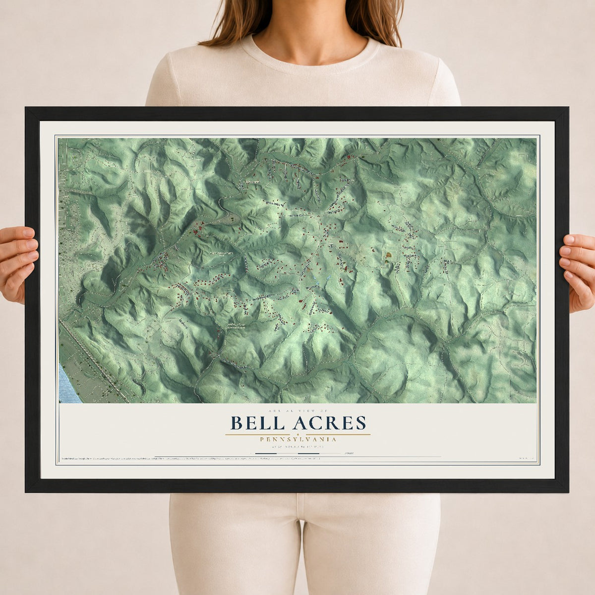 Map of Bell Acres, Pennsylvania, 18 x 24 inch print in a black wood frame