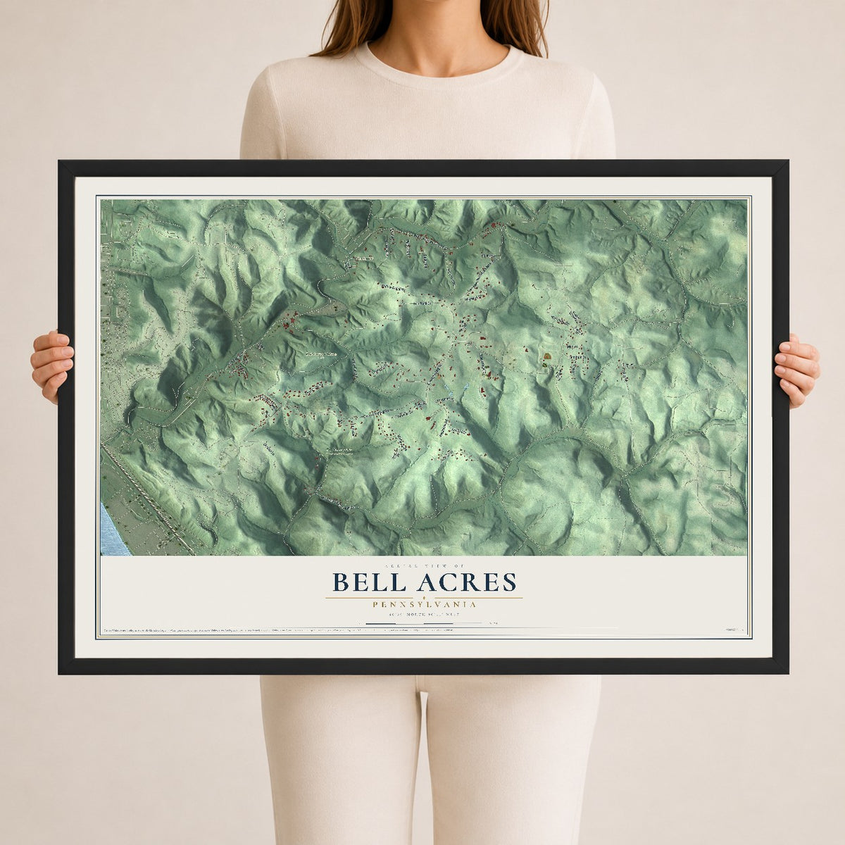 Map of Bell Acres, Pennsylvania, 24 x 36 inch print in a black wood frame