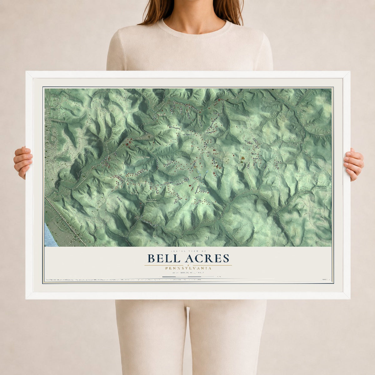 Map of Bell Acres, Pennsylvania, 24 x 36 inch print in a white wood frame
